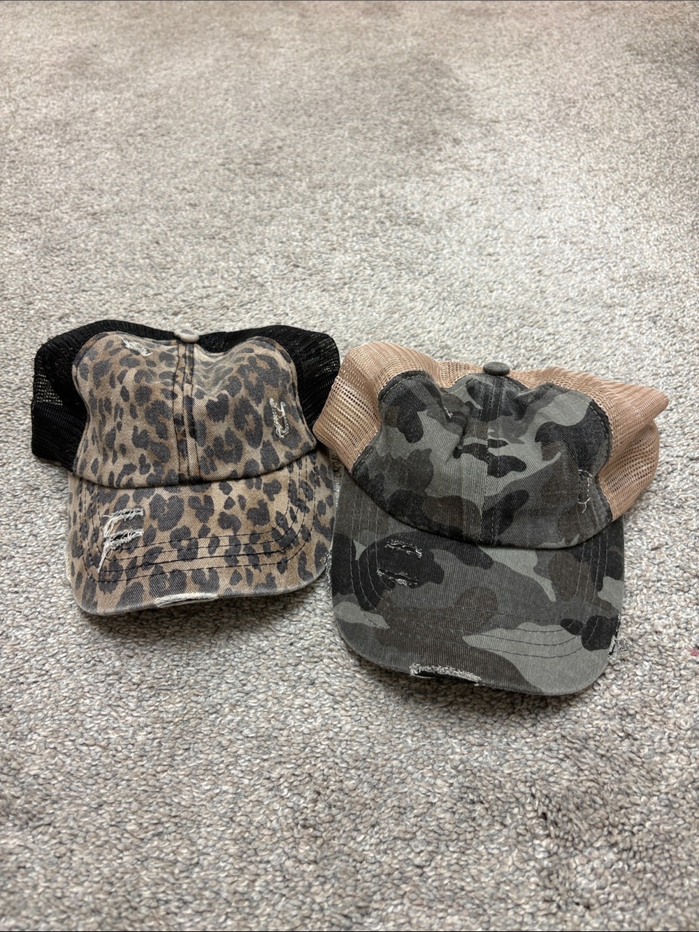 Leopard and Camo ponytail hats from Amazon